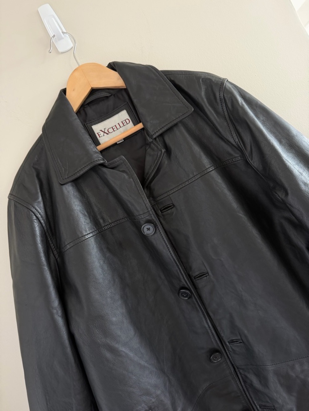 Excelled Black‎ Leather Jacket Mens M Button Front Classic Minimalist Normcore
